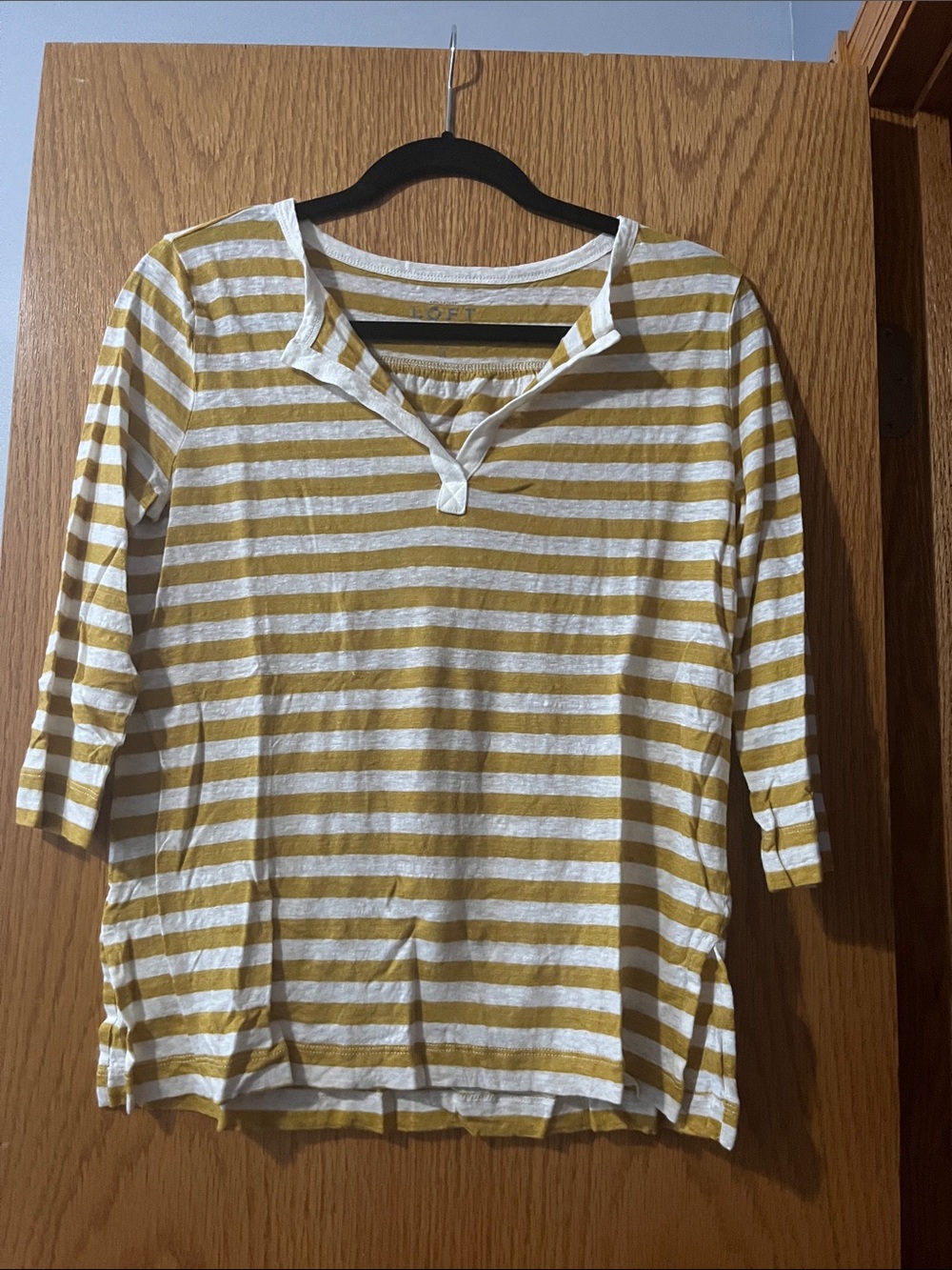 LOFT White & Mustard Striped Long-Sleeve Notch Top